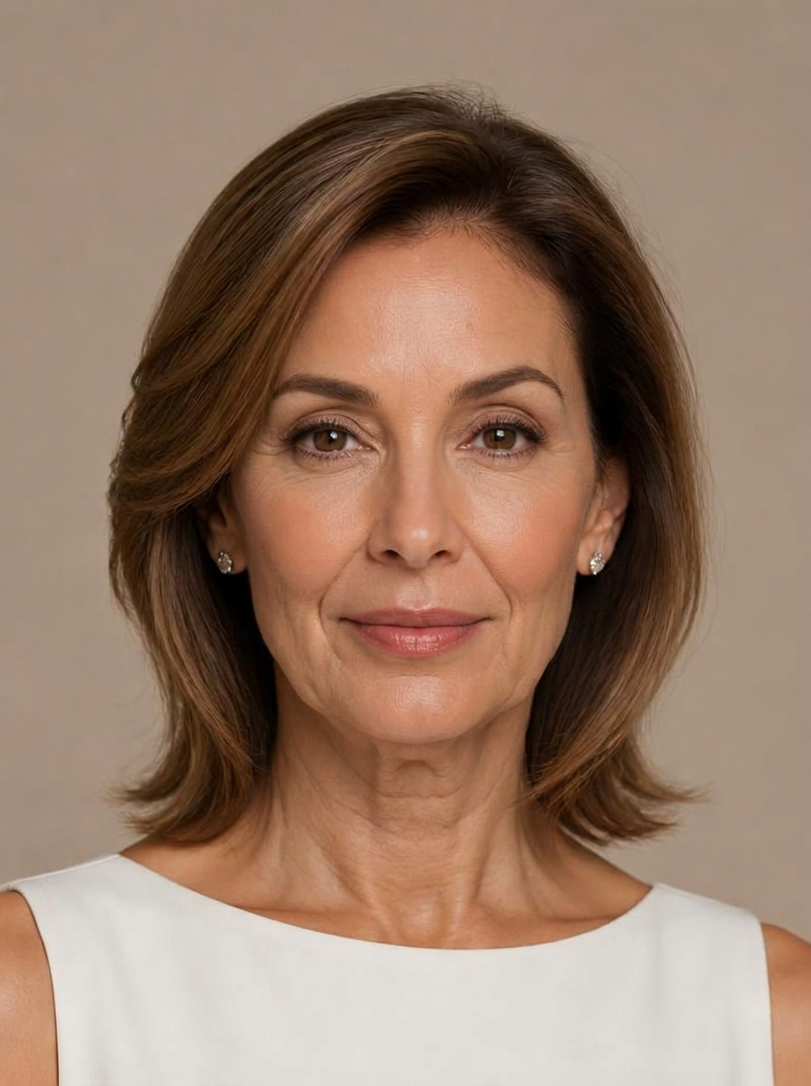 Ilustração: rosto com aparência de facelift tradicional, levemente tensionado